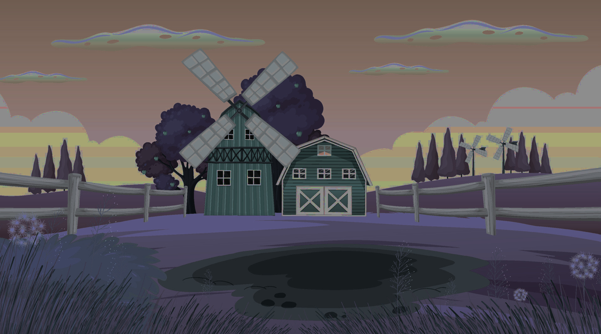 Night time fades over the farm, then fades back to daytime.
